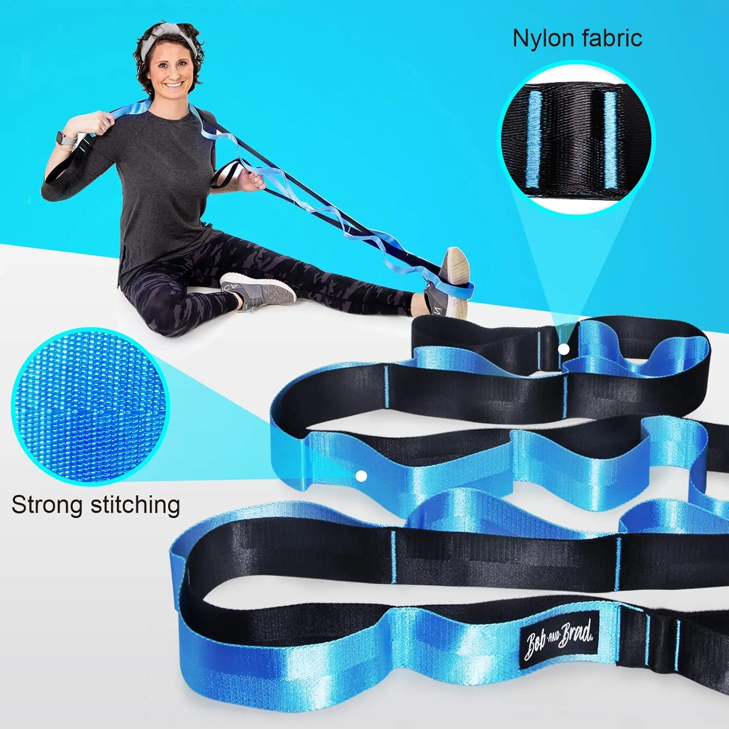 BOB AND BRAD Stretch Strap, 12 Loop Yoga Strap Stretch Restore Multi-Grip Fitness Pilates Stretching Belt - Bulue (Brand New)