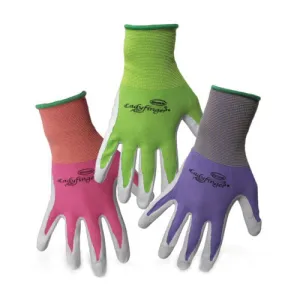 BOSS LADYFINGER 8438XS Coated Gloves, Women's, XS, Nitrile Coating, Nylon Glove, Green/Pink/Purple