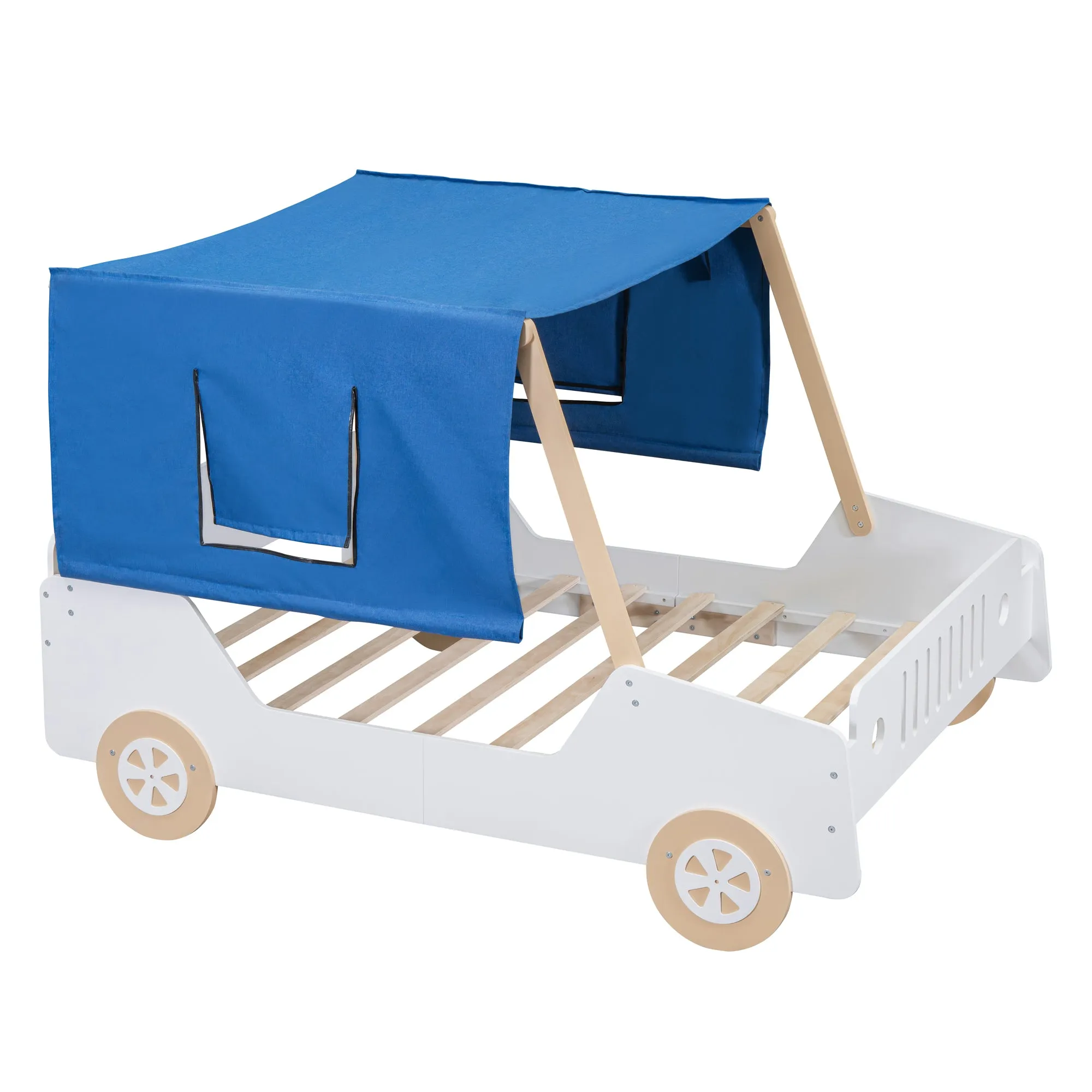 Full Size Car Shaped Bed with Tents,White Natural