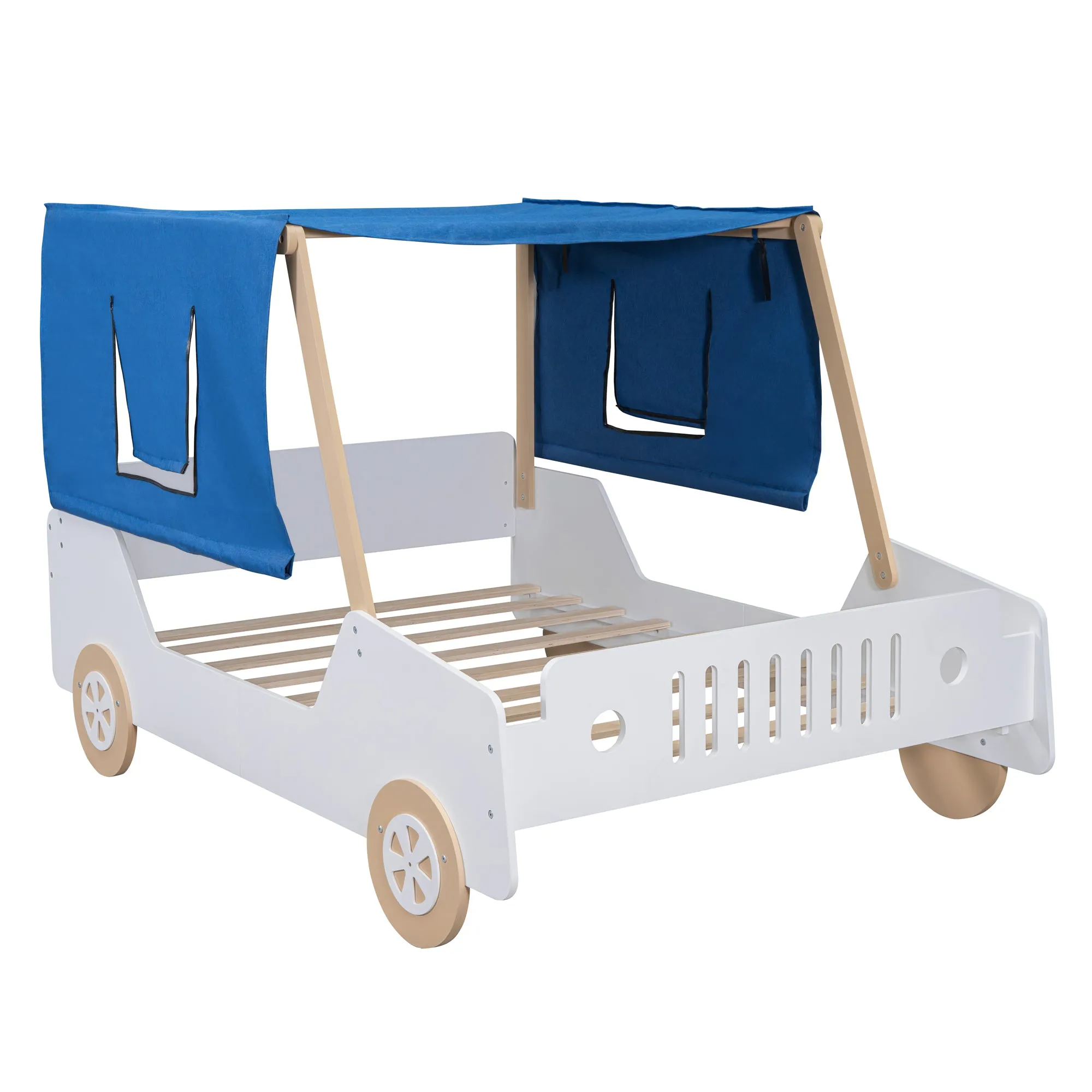 Full Size Car Shaped Bed with Tents,White Natural