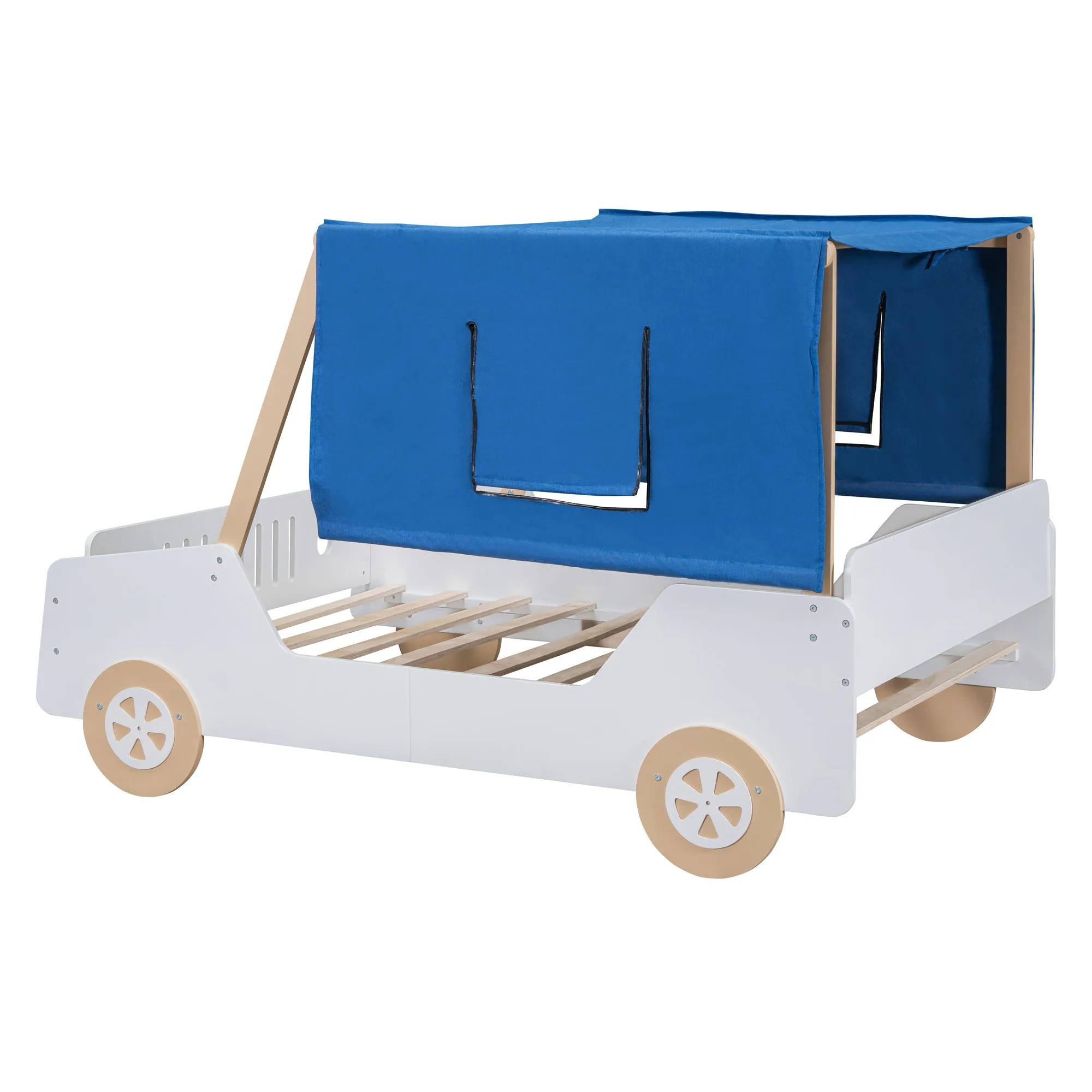 Full Size Car Shaped Bed with Tents,White Natural