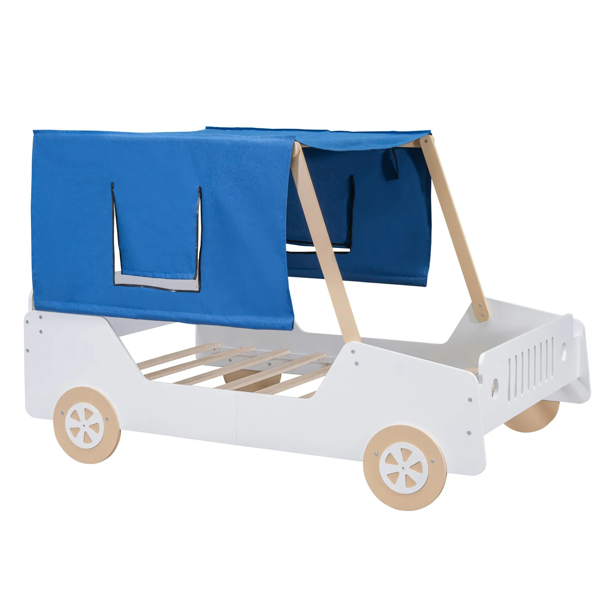 Full Size Car Shaped Bed with Tents,White Natural