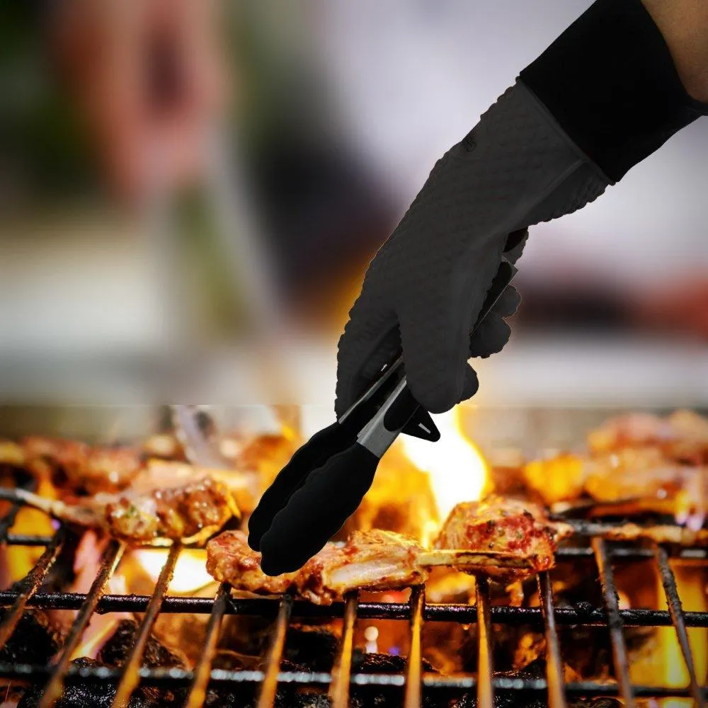 GEEKHOM Grilling Gloves, Heat Resistant Gloves BBQ Kitchen Silicone Oven Mitts, Long Waterproof Non-slip Potholder for Barbecue, Cooking, Baking (Black)