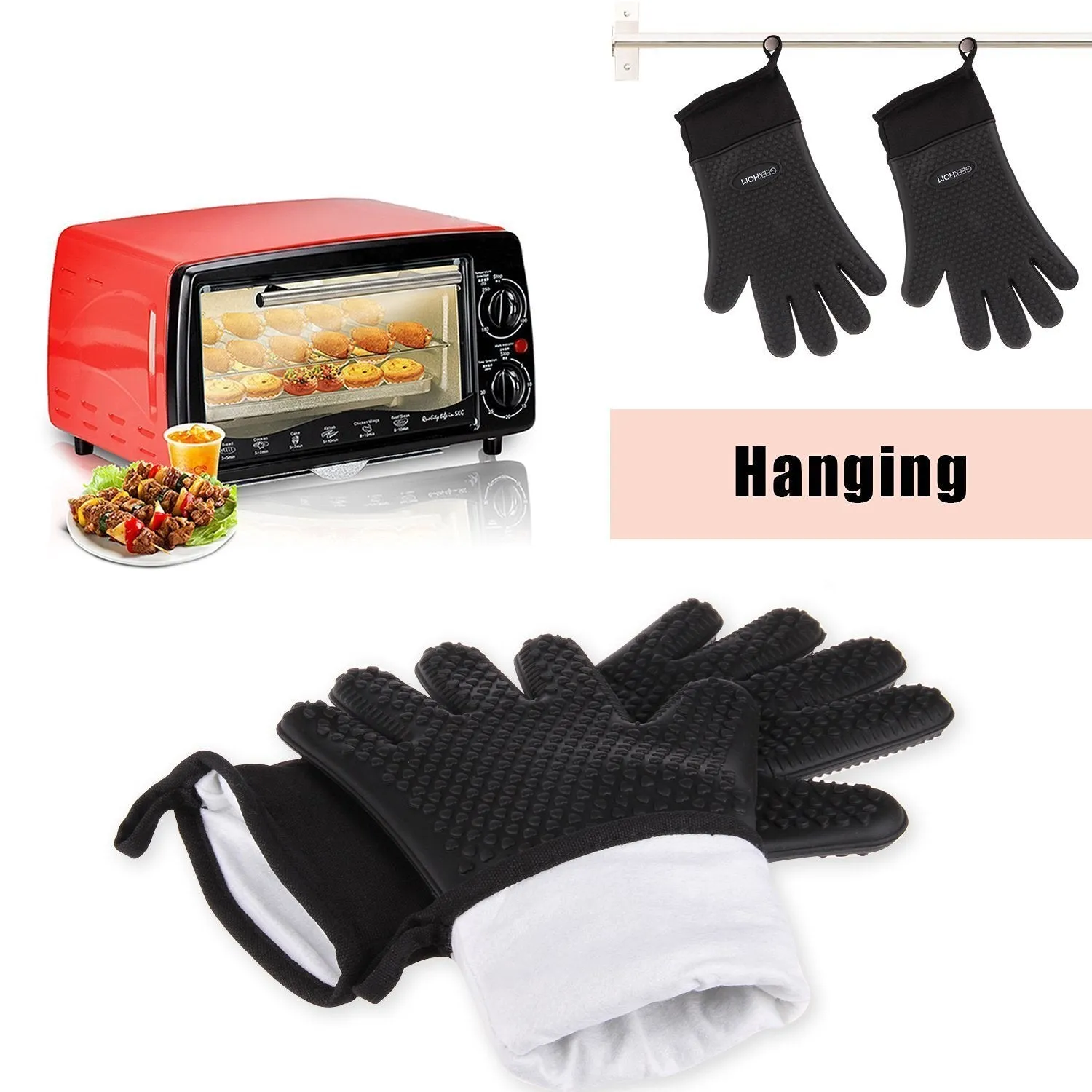 GEEKHOM Grilling Gloves, Heat Resistant Gloves BBQ Kitchen Silicone Oven Mitts, Long Waterproof Non-slip Potholder for Barbecue, Cooking, Baking (Black)