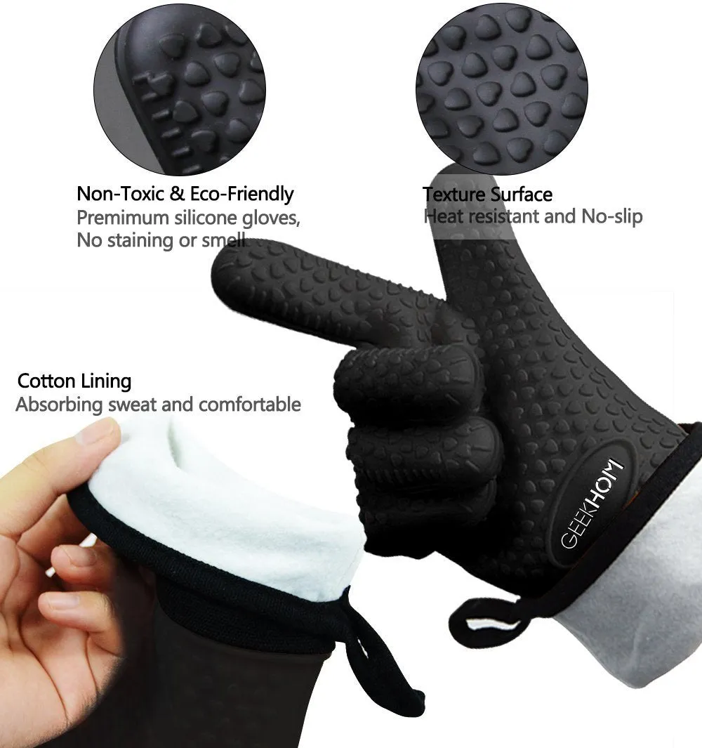 GEEKHOM Grilling Gloves, Heat Resistant Gloves BBQ Kitchen Silicone Oven Mitts, Long Waterproof Non-slip Potholder for Barbecue, Cooking, Baking (Black)